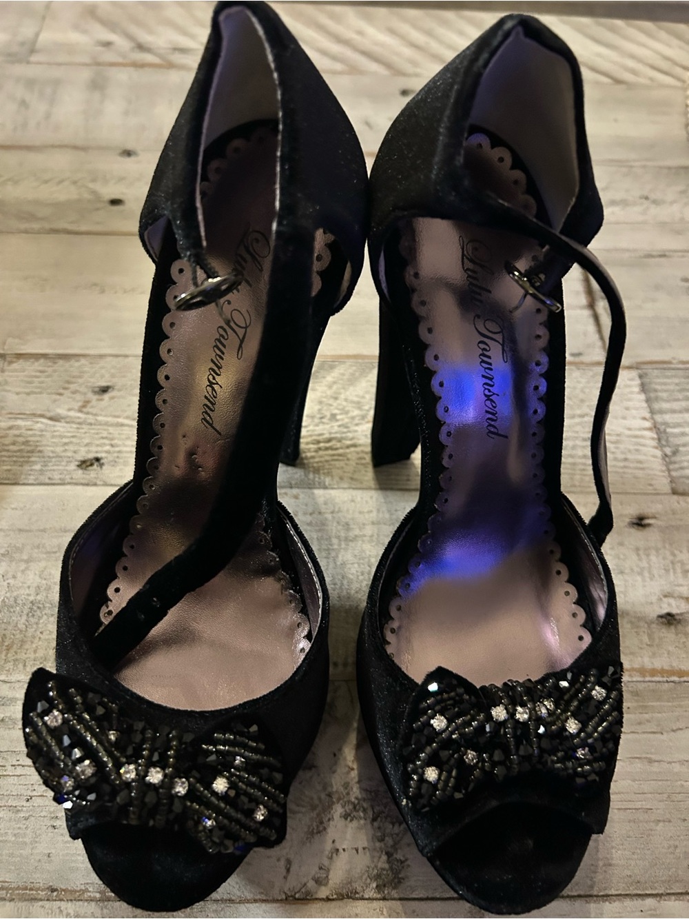 Lulu Townsend Black Beaded Peep-Toe Heels with Ankle Strap